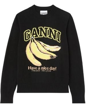 Ganni Banana-Motif Intarsia-Knit Jumper - Black