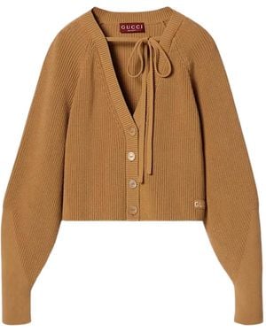 Gucci Tie-Neck Ribbed Cardigan - Natural