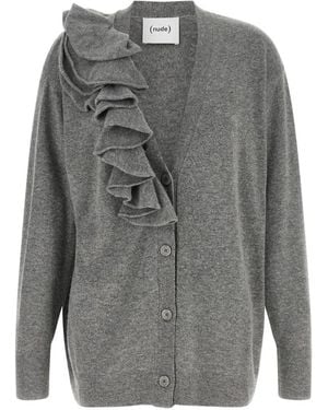 Nude Ruffled V-Neck Cardigan - Grey