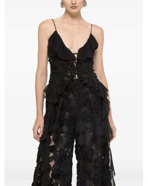 Nissa 3D Floral-Embroidered Ruffled Top - Black