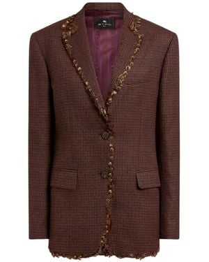 Etro Single-Breasted Wool Jacket With Pheasant Feathers And Micro Houndstooth Motif - Brown