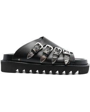 Toga Western-Buckle Leather Slides - Black