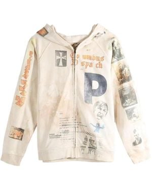 SAITOS Long Live Rock Graphic-Print Distressed Zip-Up Hoodie - White