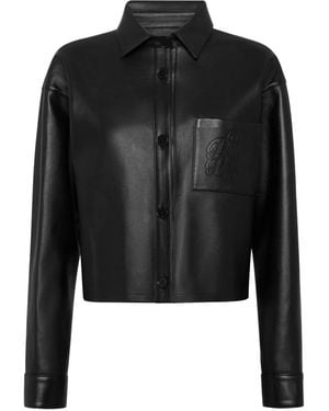 Philipp Plein Leather Cropped Shirt Signature - Black
