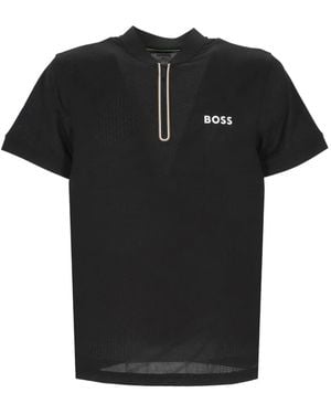 BOSS Perforated Zip-Up Polo Shirt - Black