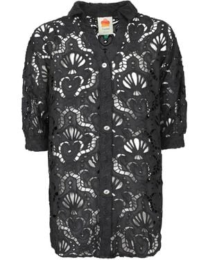 FARM Rio Openwork-Design Button-Up Top - Black