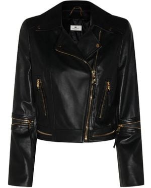 Elisabetta Franchi Cropped Leather Jacket With Asymmetrical Closure And-Tone Hardware - Black