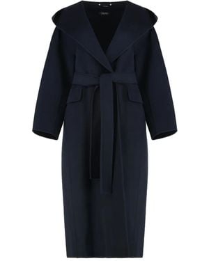Max Mara Hooded Belted Wool Coat - Blue