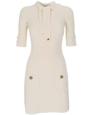 Elisabetta Franchi Knitted Mini Dress Featuring Shiny Logo Jewel Buttons And A Removable Scarf - Natural