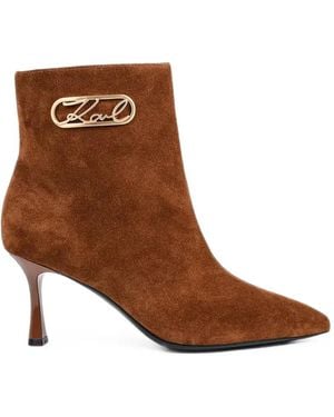 KARL LAGERFELD Logo-Plaque Suede Ankle Boots - Brown