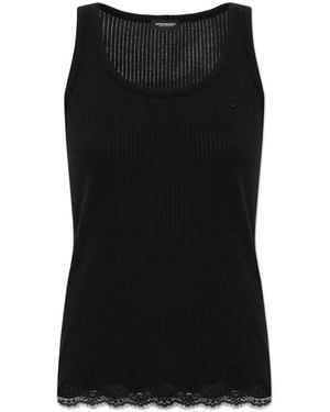 Emporio Armani Logo-Embroidered Lace-Trim Top - Black