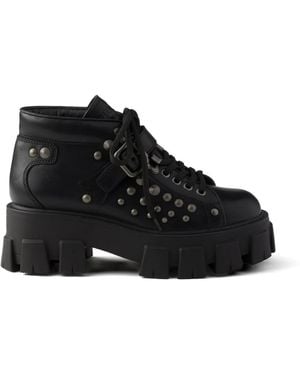 Prada Monolith Studded Leather Booties - Black