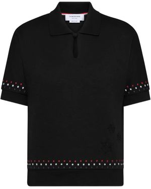 Thom Browne Cotton Milano Stars & Snowflake Embroidery Polo - Black