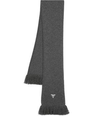 Prada Logo-Embroidered Cashmere Scarf - Grey