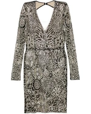 Naeem Khan Floral-Beaded V-Neck Dress - Gray