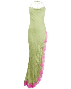 Roberto Cavalli Long Ruffled Silk Dress With Side Slit Trimmed - Green