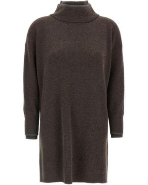 Brunello Cucinelli High-Neck Ribbed Knit Dress - Grey