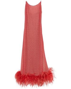 Oséree Lumière Plumage Feather-Trim Maxi Dress - Red