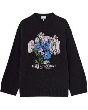 Ganni Oversized-Pullover Mit Blumenintarsie - Schwarz