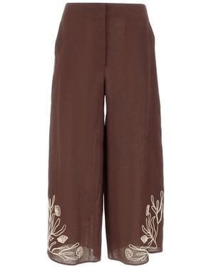 Marella Embroidered Linen Pants - Brown