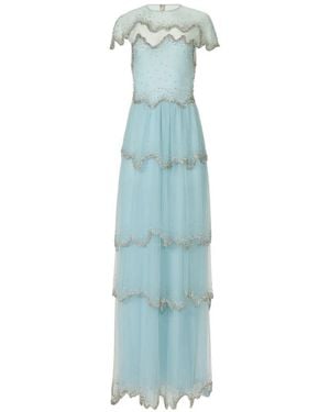 Costarellos Vestido De Fiesta Zaria Con Detalles De Cristal A Capas Escalonadas - Azul