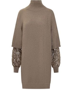 Brunello Cucinelli Turtleneck Sleeve-Inserts Day Dress - Natural
