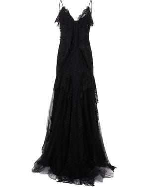 Alberta Ferretti Lace-Trim Layered V-Neck Flared Maxi Dress - Black