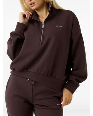 Guess Felpa Con Mezza Zip E Logo - Marrone