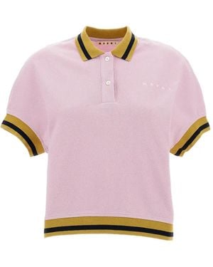 Marni Striped Details Cotton Pique Polo Shirt - Pink