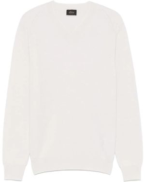 Brioni Felted Cashmere-Wool V-Neck Ribbed Sweater - White