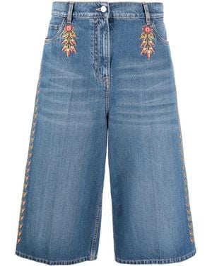 Etro Floral-Embroidered Wide-Leg Denim Culottes - Blue