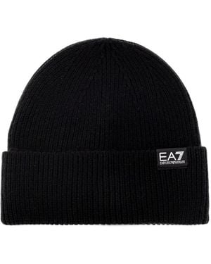 EA7 Ribbed-Knit Beanie Hat - Black