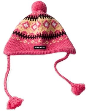 Miu Miu Jacquard Logo-Detail Beanie Hat - Red