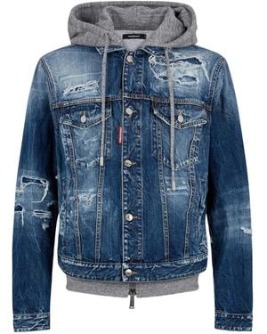DSquared² Distressed Denim Jacket With Hood And Ribbed Cuffs - Blue