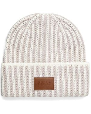 Furla Striped Logo-Patch Beanie - White