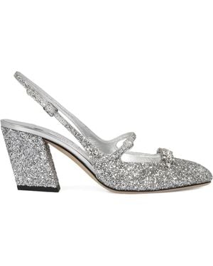Jimmy Choo 45Mm Belinda Glitter Slingback Block-Heel Court Shoes - White