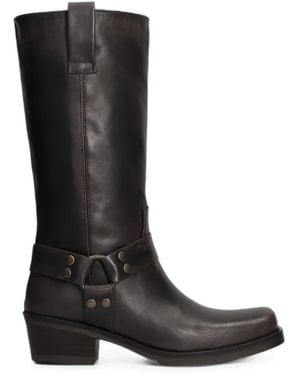 Julie Dee Harness-Detail Square-Toe Biker Boots - Black