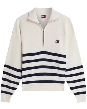 Tommy Hilfiger Tommy Badge Striped Quarter-Zip Sweater - White