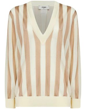 Fendi Gestreifter Pullover Mit V-Ausschnitt - Weiß