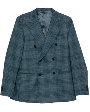 Caruso Double-Breasted Checked Blazer - Blue