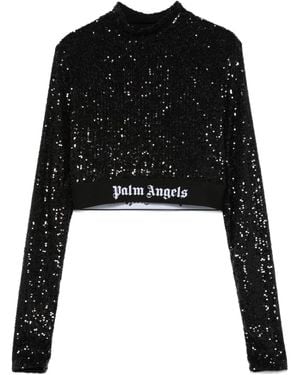 Palm Angels Logo Sequined Cropped Top - Black