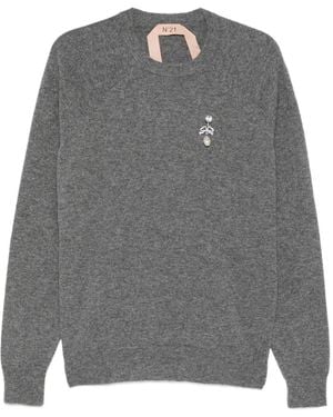 N°21 Brooch-Detail Round-Neck Jumper - Grey