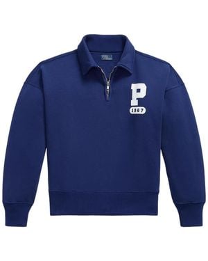 Polo Ralph Lauren “P” Logo Slub-Fleece Quarter-Zip Sweatshirt - Blue