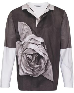 Simone Rocha Trompe L'Oeil Rose-Print Polo Shirt - Grey