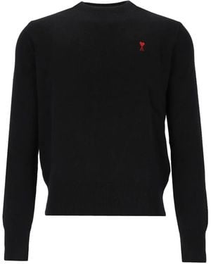 Ami Paris Crewneck Wool Jumper With Ami De Coeur - Black