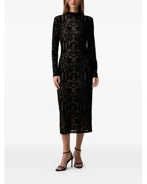 Fracomina Devoré-Effect Long-Sleeve Midi Dress - Black