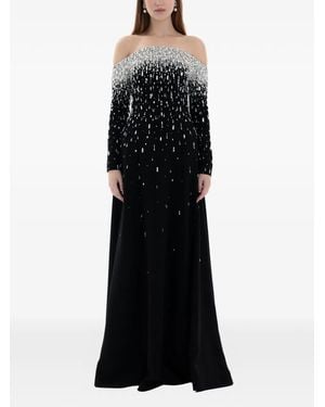 Dina Melwani Crystal Off-Shoulder Gown - Black