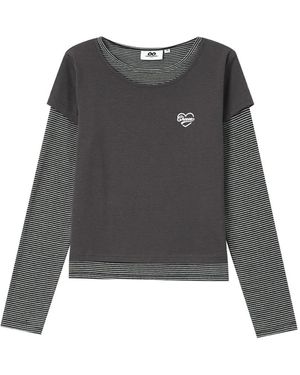 Chocoolate Layered-Design Striped-Sleeve T-Shirt - Gray