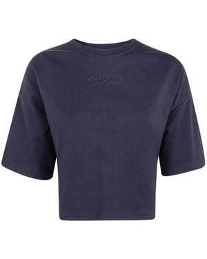 Balmain Small Paris" Emb Cropped T-Shirt - Blue