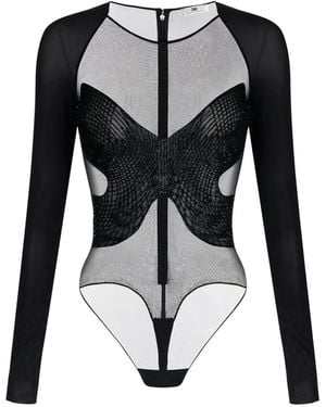 Elisabetta Franchi Crystal-Embroidered Long-Sleeves Bodysuit - Black